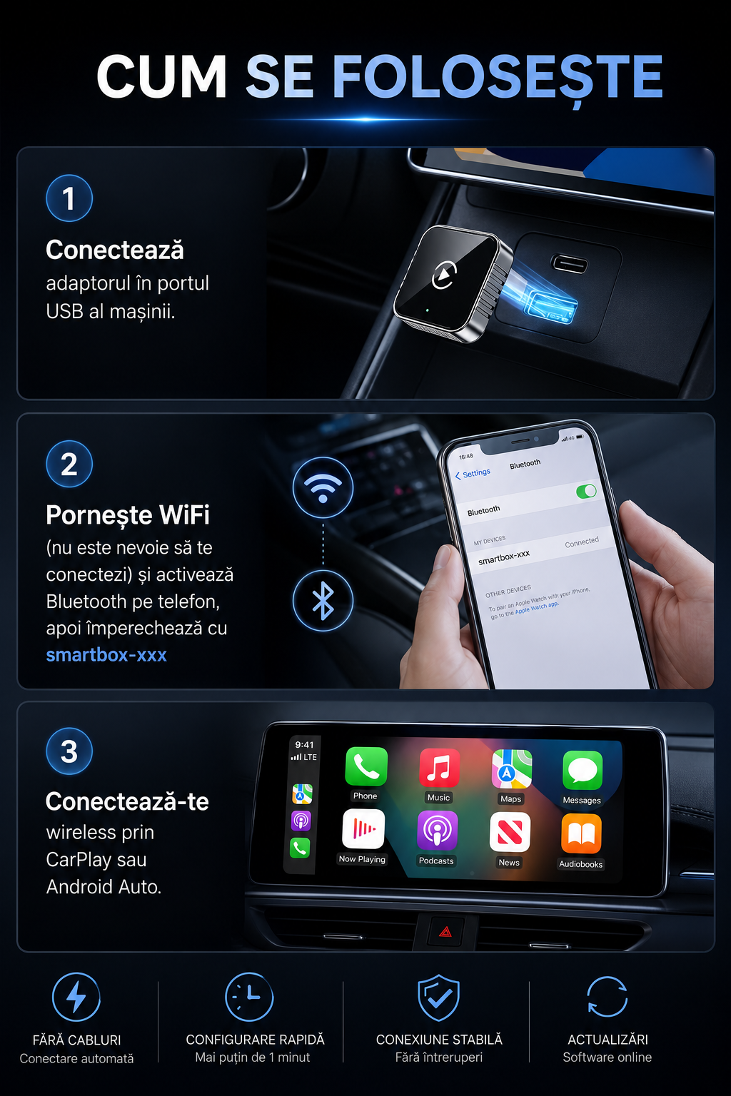 Adaptor CarPlay Wireless - 5G WiFi & Bluetooth 5.0