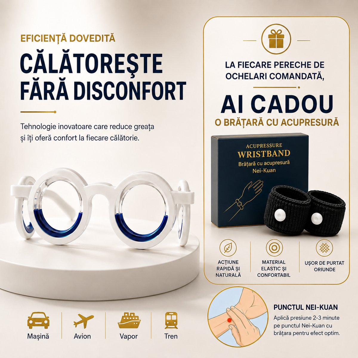 Ochelari Anti-Rău de Mișcare + Brătară cu acupresură Nei-Kuan